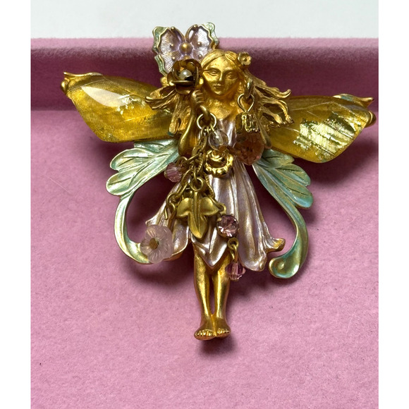 Large Signed Kirks Folly Gold Tone Enamel Primrose Flower Fairy Brooch Pendant